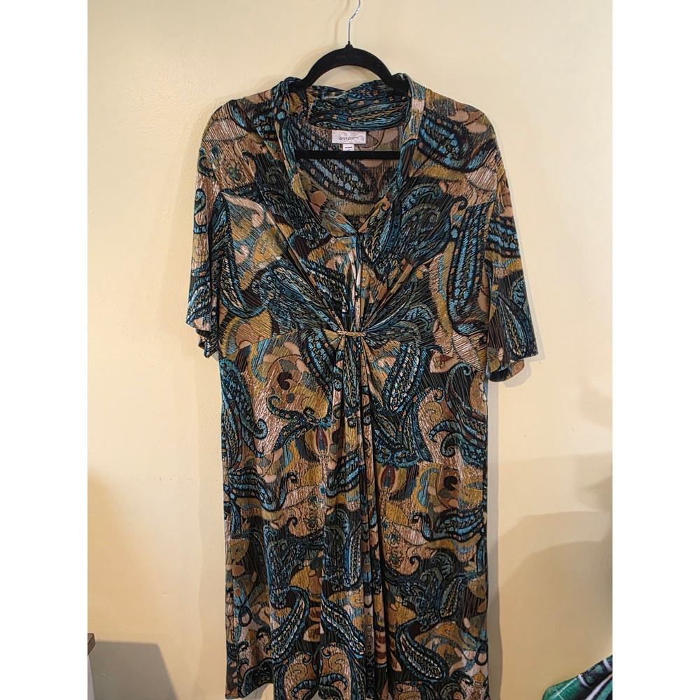 Dressbarn Womens 18W Paisley Cowl Neck Twist Front Plisse Midi Dress Teal Gold